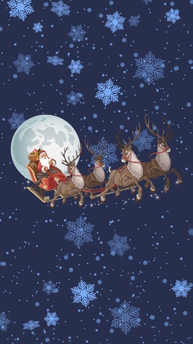 Santa and his reindeer fly before the full moon in the dark blue sky