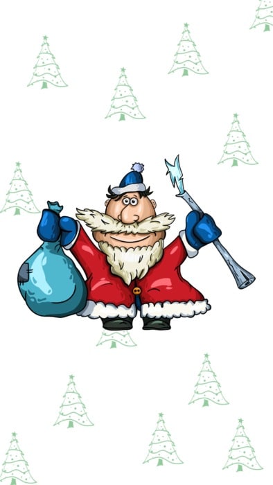 Cartoon Santa Claus on a white background with green trees