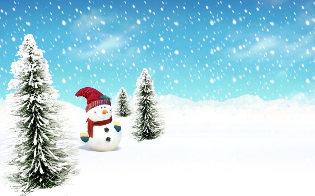 Christmas picture card with snow, snowman and three small coniferous trees.