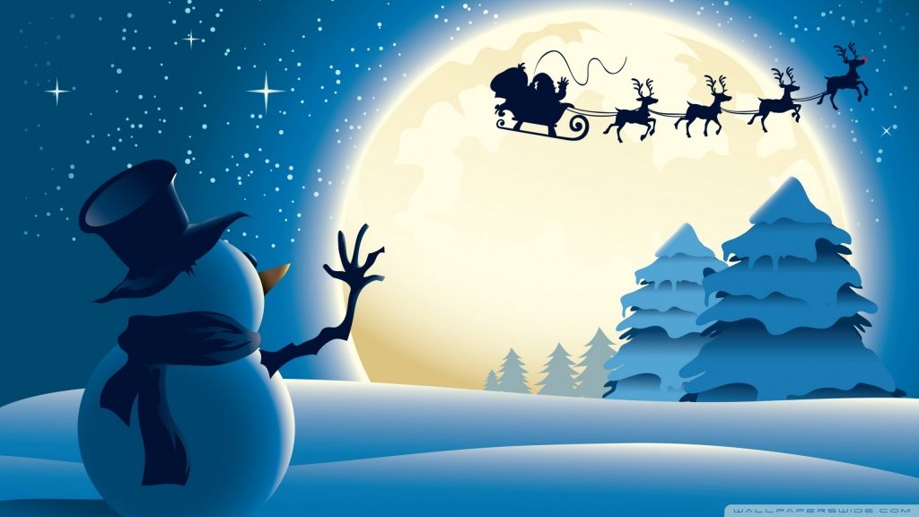 Blue background with a snowman waving at the moon, over which Santa Claus' sleigh flies, pulled by four reindeer.