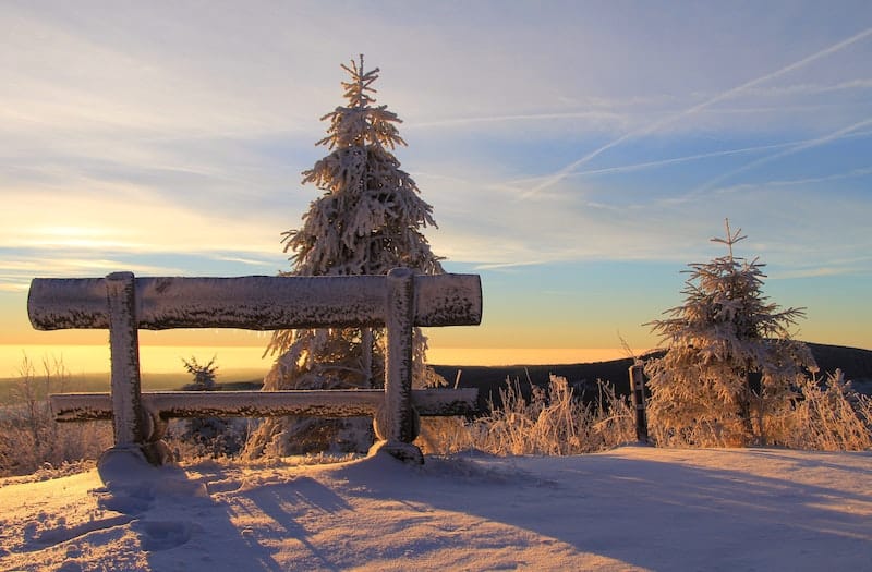 A snowy bench in the middle of nature, sunset.