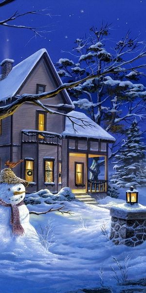 Snowy house with lighted windows, snowman in the garden