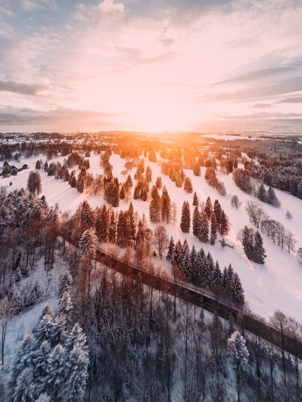 Beautiful sunset over a snowy landscape with forests.
