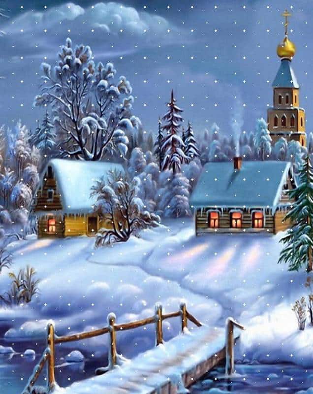 Snowy village landscape