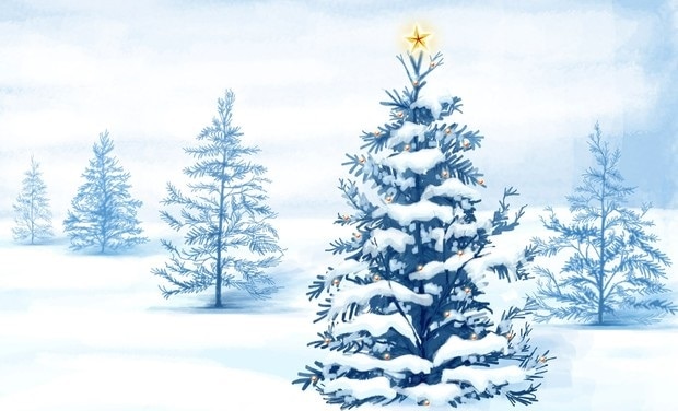 Postcard depicting a snowy cartoon landscape with a gold star decorating a tree in the foreground.