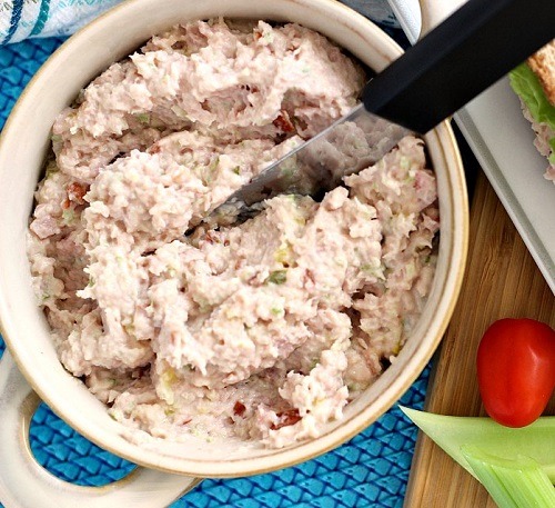 Bowl with horseradish and ham sandwich spread