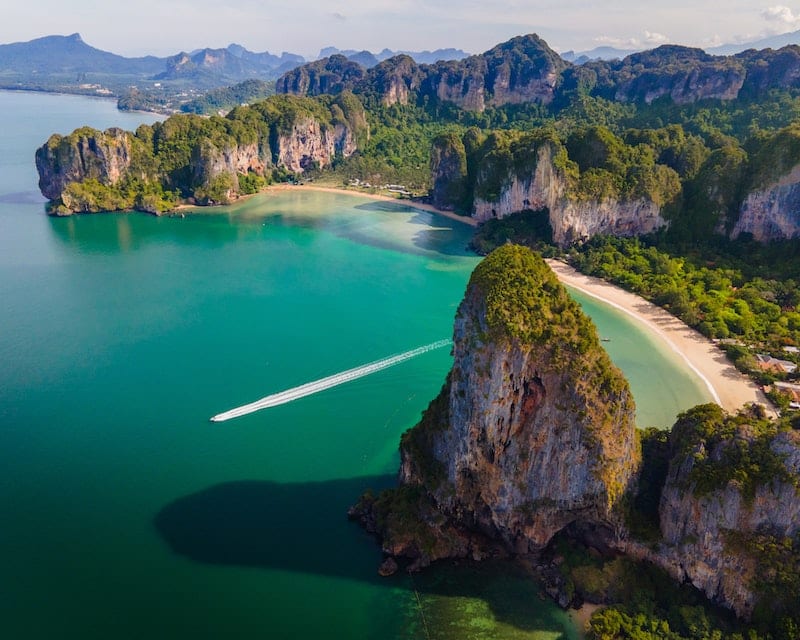 Thailand's Krabi and its breathtaking scenery of a sea bay and beautiful cliffs covered with greenery.