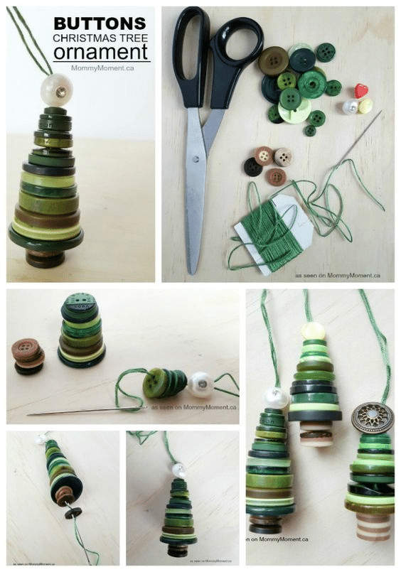 Instructions on how to make tree-shaped Christmas tree decorations from buttons.