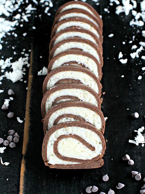 Unbaked chocolate roll with fluffy filling.