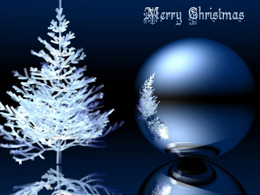 A blue Christmas picture card with a white coniferous tree, a large ball and the inscription Merry Christmas.