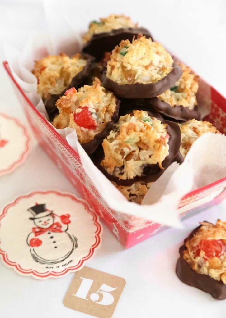 Candy with coconut and candied fruit in a box.