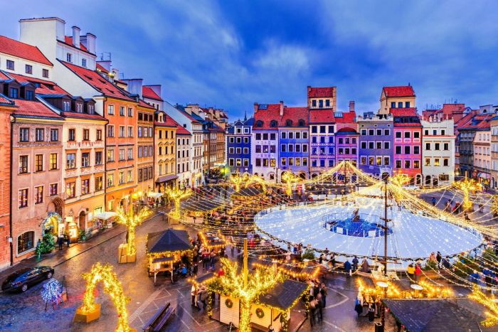 Old Town Square in Warsaw with markets.