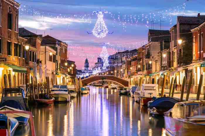 Christmas decorated Venetian canals.