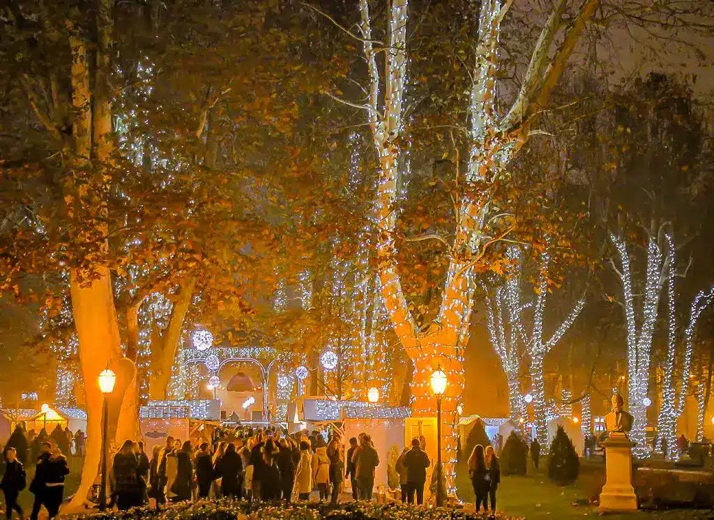 Zrinjevac Park illuminated at Christmas.